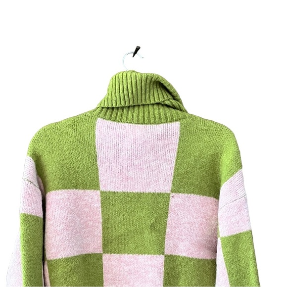 New Native Youth Checkerboard Oversized Green Pink Knit Turtleneck Sweater XS - Picture 7 of 13
